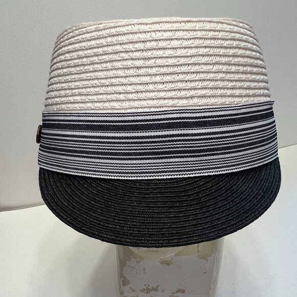 D&Y Straw Newsboy cap in Ivory and Navy Blue - Picture 4 of 11